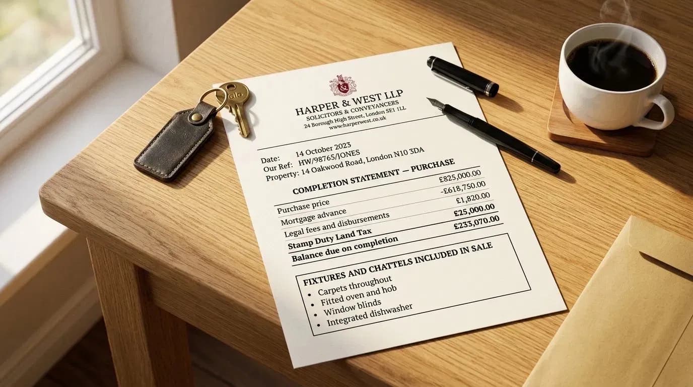 A conveyancing completion statement on a kitchen table, marked up by hand to show stamp duty overpaid on chattels included in the sale